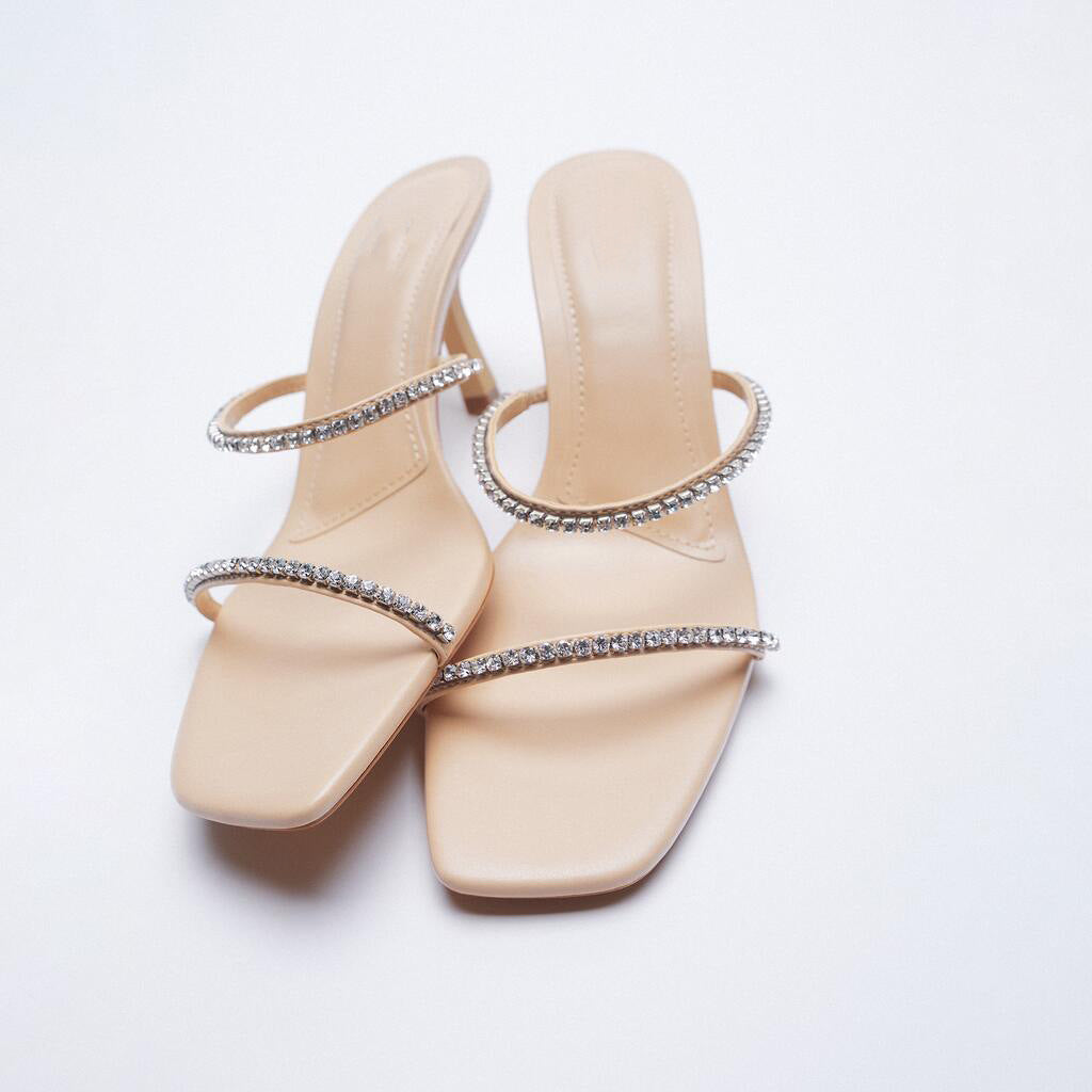 Popular Square Toe Rhinestone Chain Strap High Heels- 3 left in stock