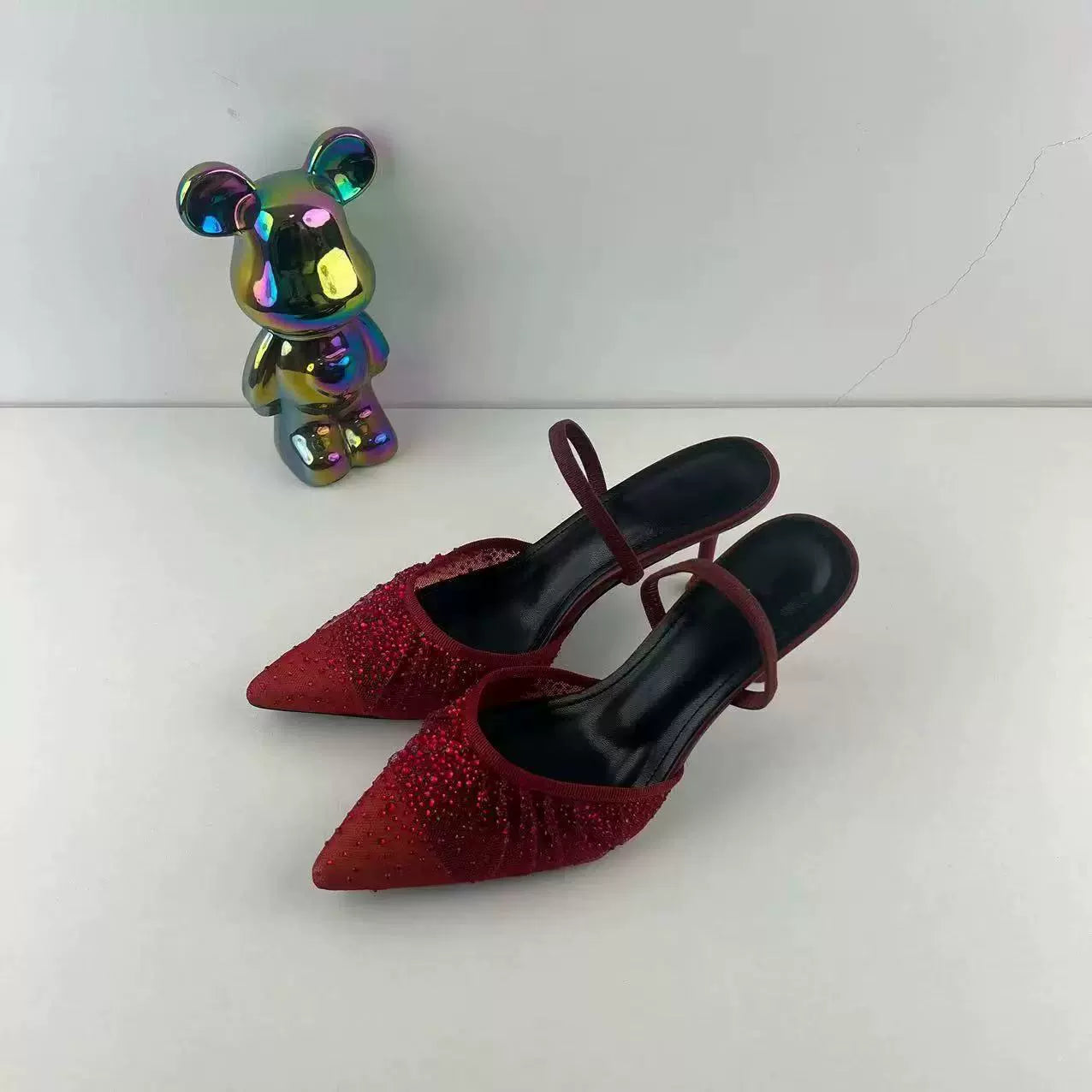 Mesh Rhinestone Pointed Heels