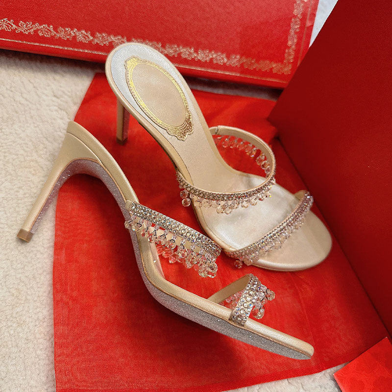 Rene Caovilla White and Champagne Crystal Embellished Rhinestone Heels
