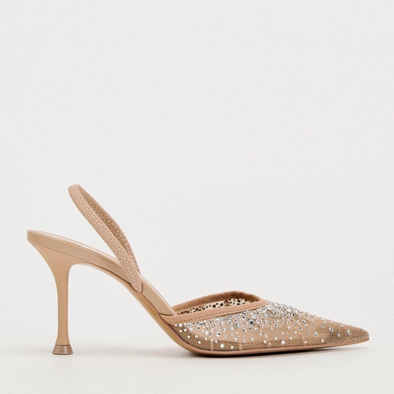 Mesh Rhinestone Pointed Heels