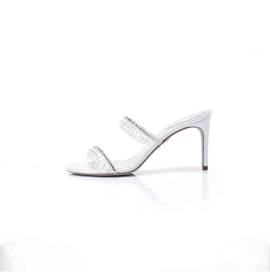Rene Caovilla White and Champagne Crystal Embellished Rhinestone Heels