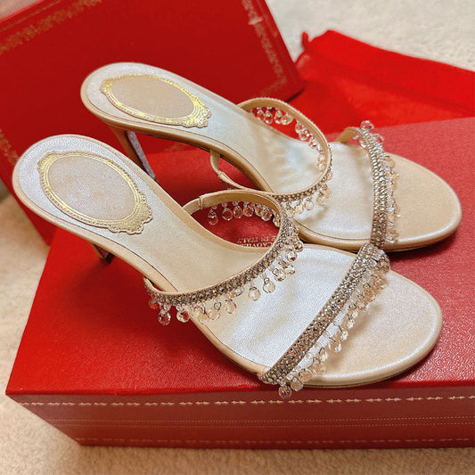 Rene Caovilla White and Champagne Crystal Embellished Rhinestone Heels