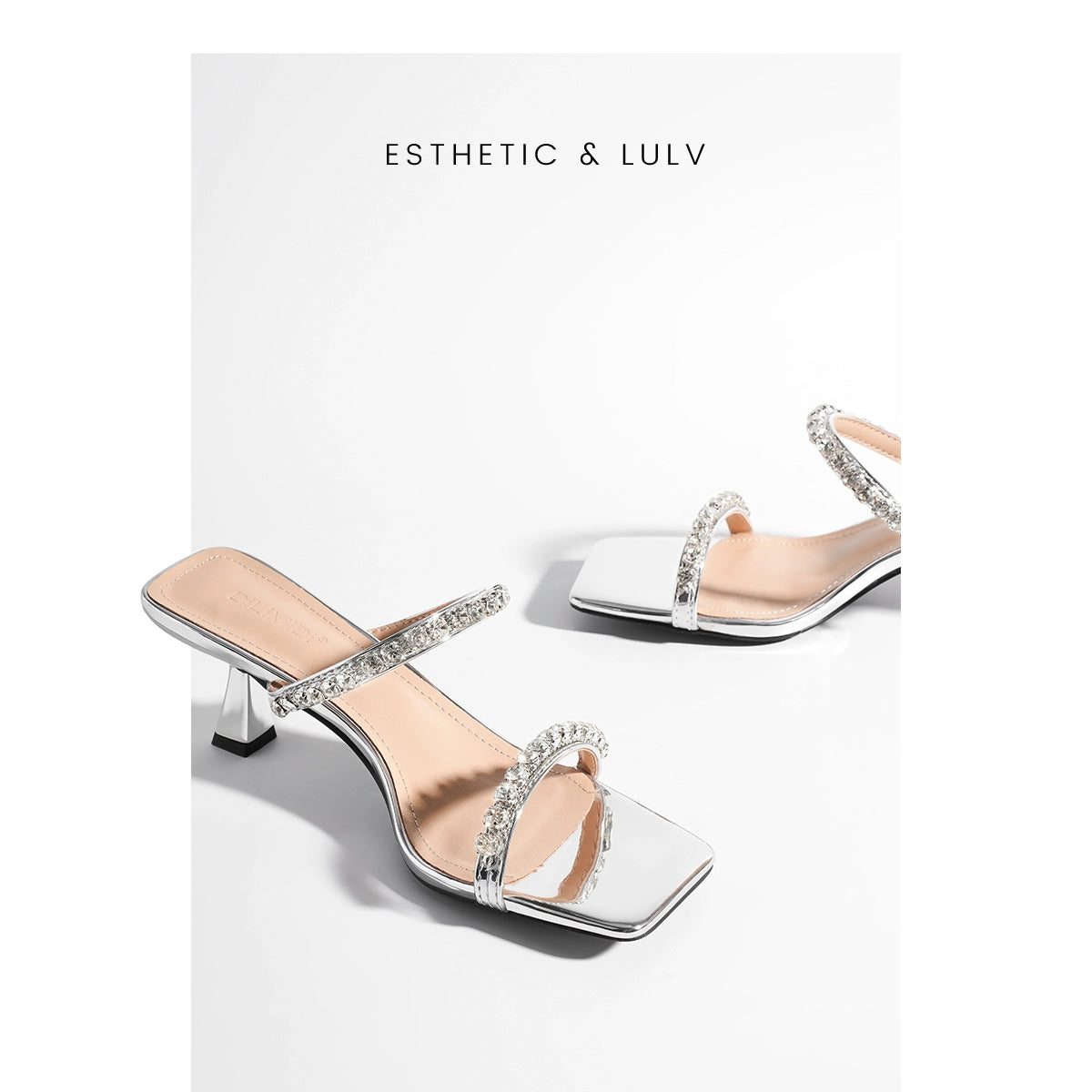 Silver Rhinestone Square Toe Heels