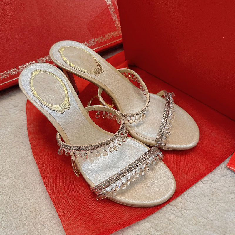 Rene Caovilla White and Champagne Crystal Embellished Rhinestone Heels