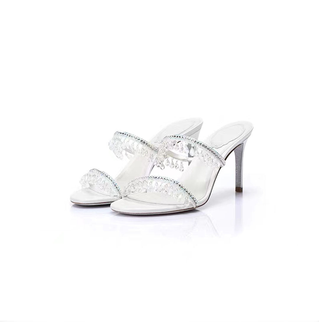 Rene Caovilla White and Champagne Crystal Embellished Rhinestone Heels