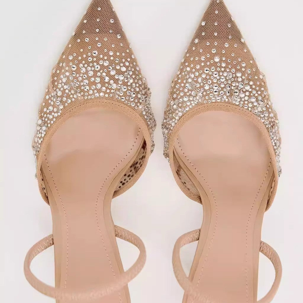 Mesh Rhinestone Breathable Pointed Toe Stiletto Slingback Heels
