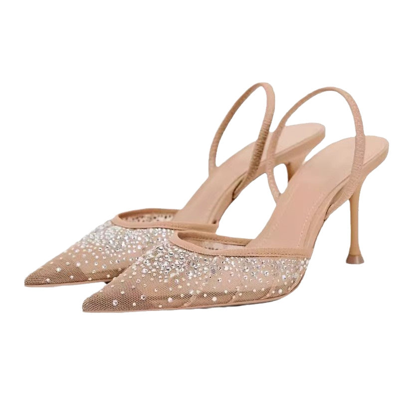 Mesh Rhinestone Breathable Pointed Toe Stiletto Slingback Heels