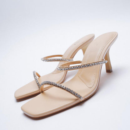 Popular Square Toe Rhinestone Chain Strap High Heels- 3 left in stock