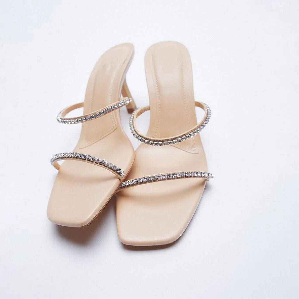 Rhinestone Strap Square Toe Heels