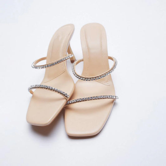 Rhinestone Strap Square Toe Heels
