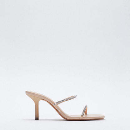 Popular Square Toe Rhinestone Chain Strap High Heels- 3 left in stock
