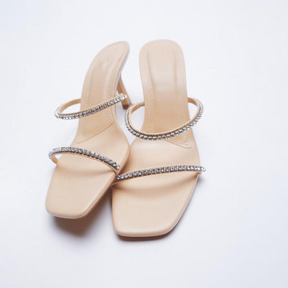 Popular Square Toe Rhinestone Chain Strap High Heels- 3 left in stock