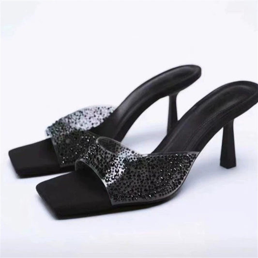 Rhinestone Square Toe Kitten Heels