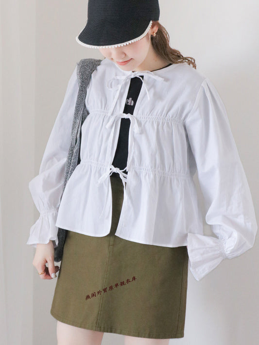 White Cotton Tie Front Roched Top
