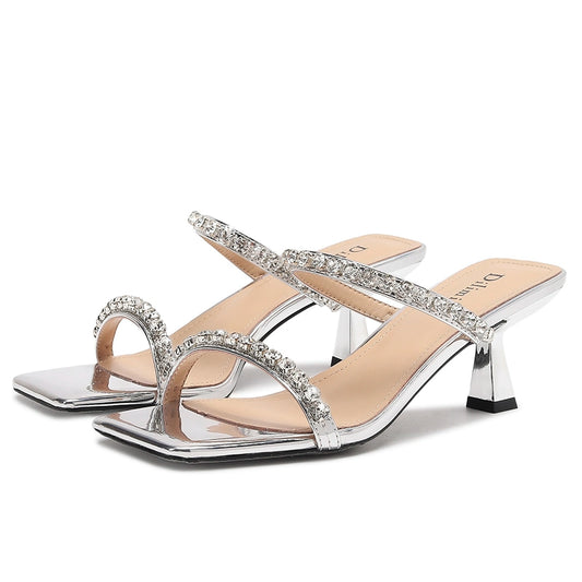 Silver Rhinestone Square Toe Heels