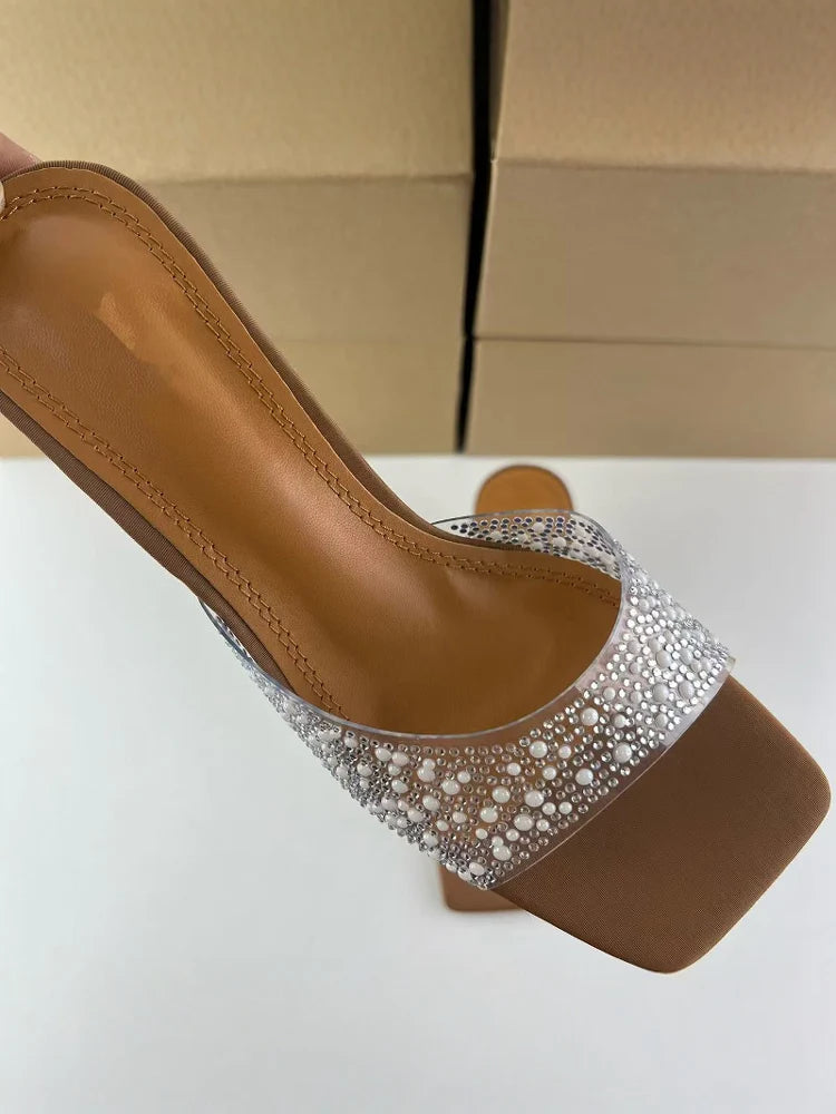Square Toe Rhinestone Mule Sandals – Kitten Heel Slip-On Party Shoes