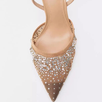 Mesh Rhinestone Breathable Pointed Toe Stiletto Slingback Heels