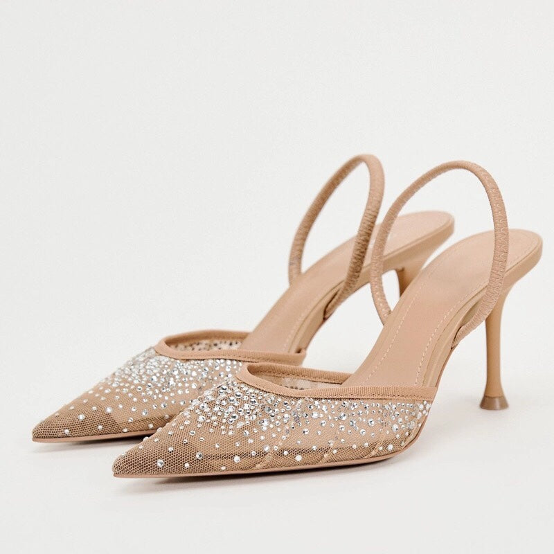 Mesh Rhinestone Pointed Heels