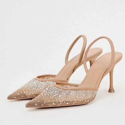 Mesh Rhinestone Pointed Heels