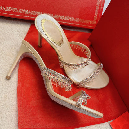 Rene Caovilla White and Champagne Crystal Embellished Rhinestone Heels
