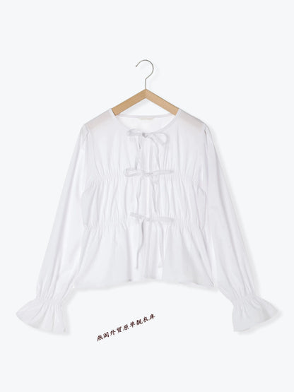 White Cotton Tie Front Roched Top