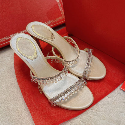 Rene Caovilla White and Champagne Crystal Embellished Rhinestone Heels