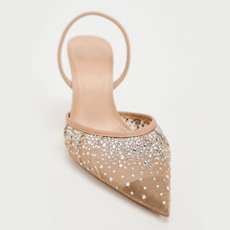 Mesh Rhinestone Pointed Heels