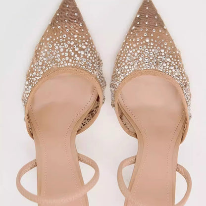 Mesh Rhinestone Breathable Pointed Toe Stiletto Slingback Heels