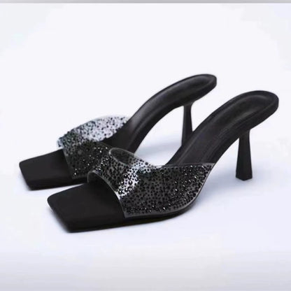 Rhinestone Square Toe Kitten Heels