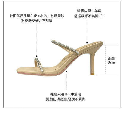 Popular Square Toe Rhinestone Chain Strap High Heels- 3 left in stock